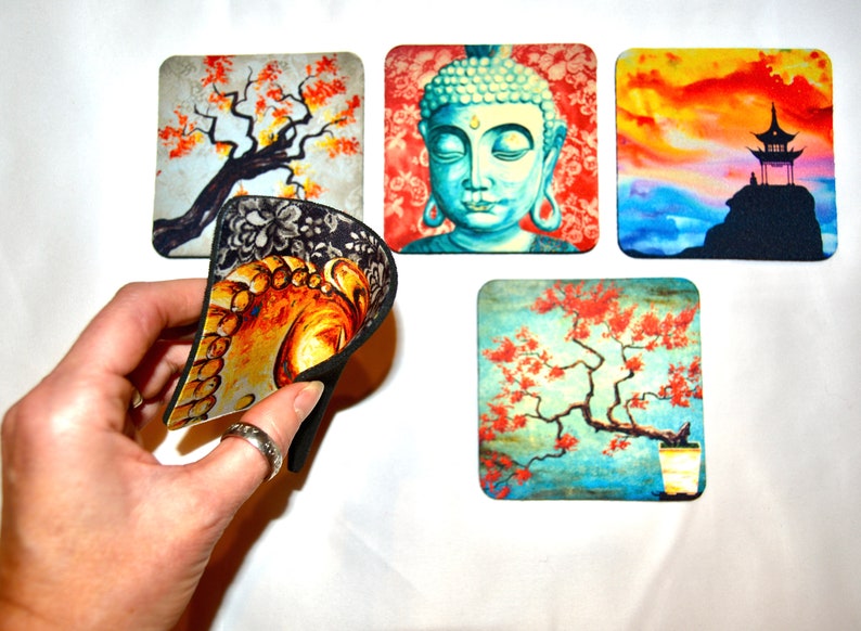 Fine Art Coasters, set of 5, zen, drink coaster, made of flexible neoprene, buddha, asian, gift, present image 3