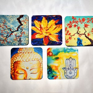 Fine Art Coasters, set of 5, zen, drink coaster, made of flexible neoprene, buddha, asian, gift, present set one