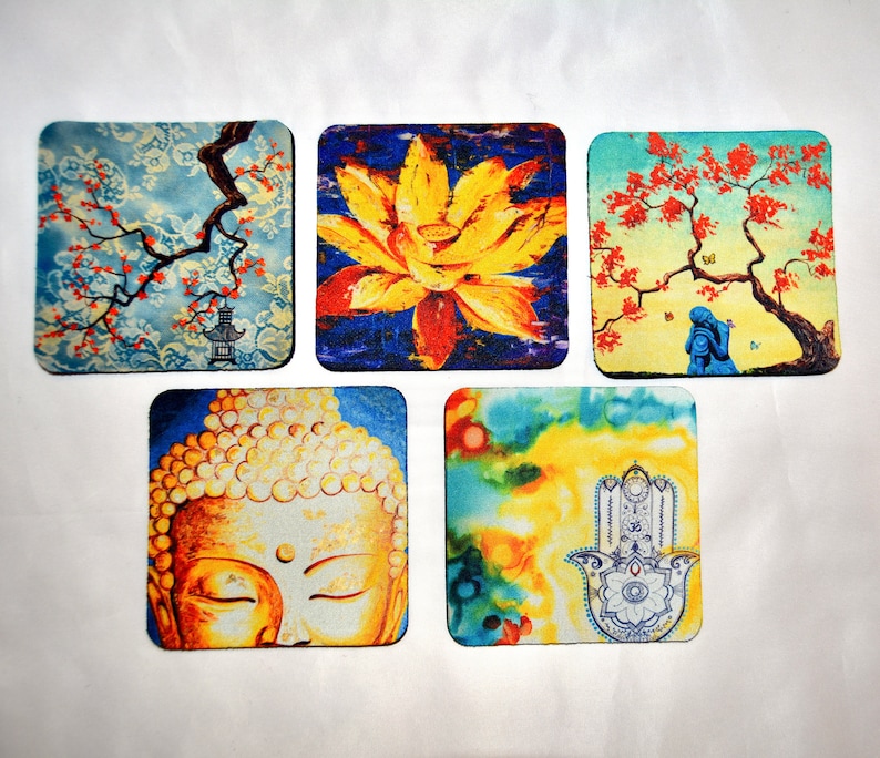 Fine Art Coasters, set of 5, zen, drink coaster, made of flexible neoprene, buddha, asian, gift, present set one
