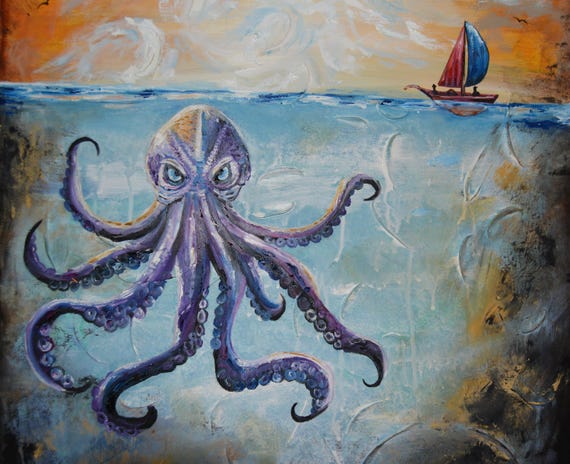 クラーケン、キャンバスに描かれたオリジナル油絵、18インチ×24インチ