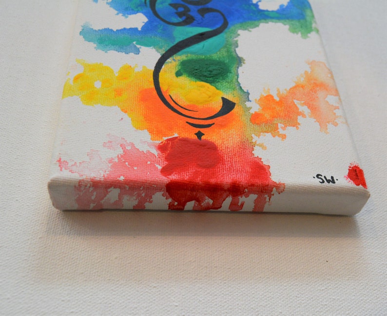 Om Rainbow Canvas Panel, 5 x 7 Original Painting, chakra, energy, yoga, rainbow, ohm, canvas, zen, studio art 1 image 2