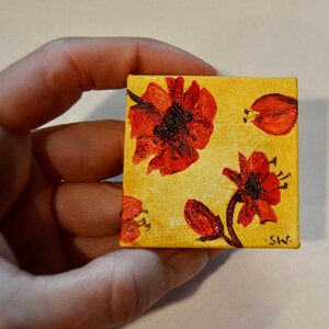 Tiny art, Miniature, Red Poppies, Miniature Original Oil Painting, Dollhouse Art, American Girl Doll, 2&quot;, mustard yellow, texture, poppy