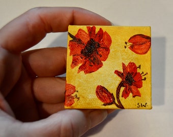 Tiny art, Miniature, Red Poppies, Miniature Original Oil Painting, Dollhouse Art, American Girl Doll, 2", mustard yellow, texture, poppy