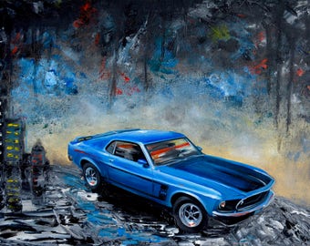 1960's Blue Ford Mustang Boss, artist signed print, 1969 Mustang, fathers day, gift, christmas, present, men, man cave