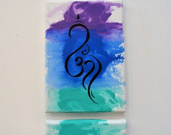 Om Regenbogen Leinwand Panels, 5 "x 21" Original Gemälde, Chakra, Energie, Yoga, Regenbogen, Ohm, Leinwand, Zen