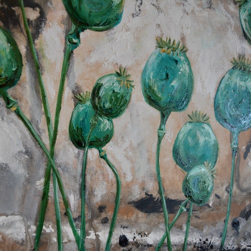 Turquoise Poppy Pods, Original oil Painting, 16