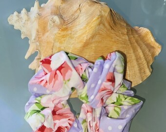 Purple and pink rose print scrunchie