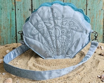 Upcycled Seashell Crossbody Purse with Geometric Print, Sustainable Recycled Fabric, Coastal Blue Handbag