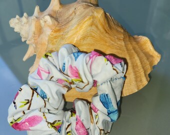 Blue bird and magnolia print scrunchie