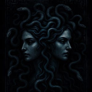 Puede incluir: Ilustración oscura que representa dos rostros femeninos de perfil, cada uno con cabello serpentino. La palabra "GEMINI" se muestra en la parte inferior. La obra de arte tiene un tema gótico y mitológico, con una paleta de colores azul oscuro.