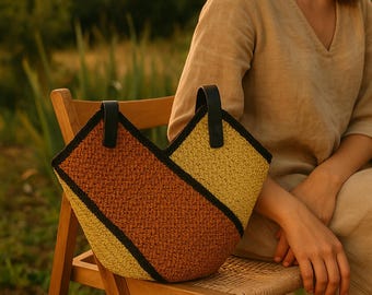 Boho Crochet Tote Bag With Genuine Leather Handles, Handmade Color Block Shoulder Bag In Mustard And Burnt Orange For Summer Style