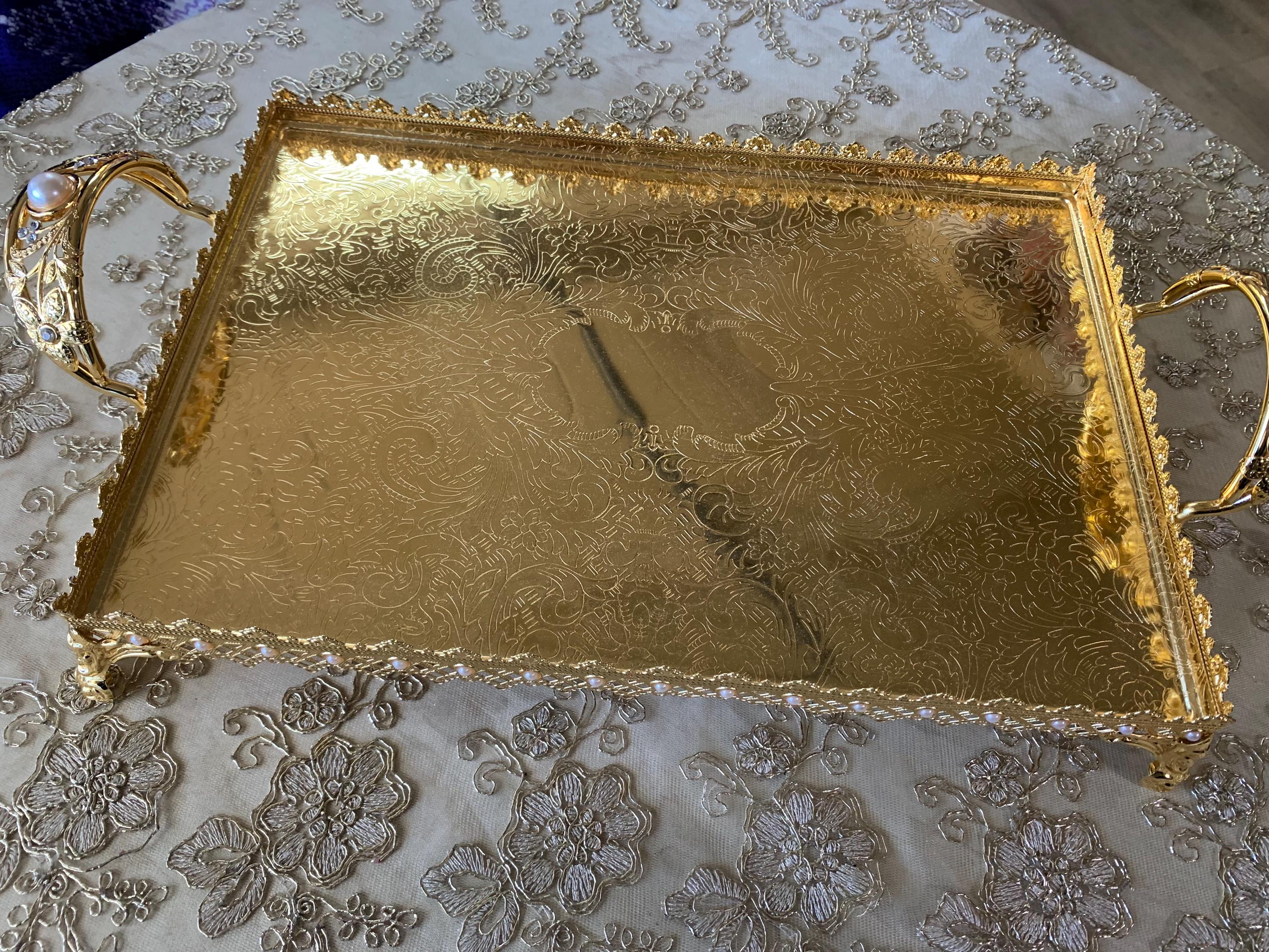 Luxury Gold-Plated Serving Tray with Ornate Handles – Elegant Decorative Tea & Dessert Tray for Weddings, Home Décor, and Special Occasions