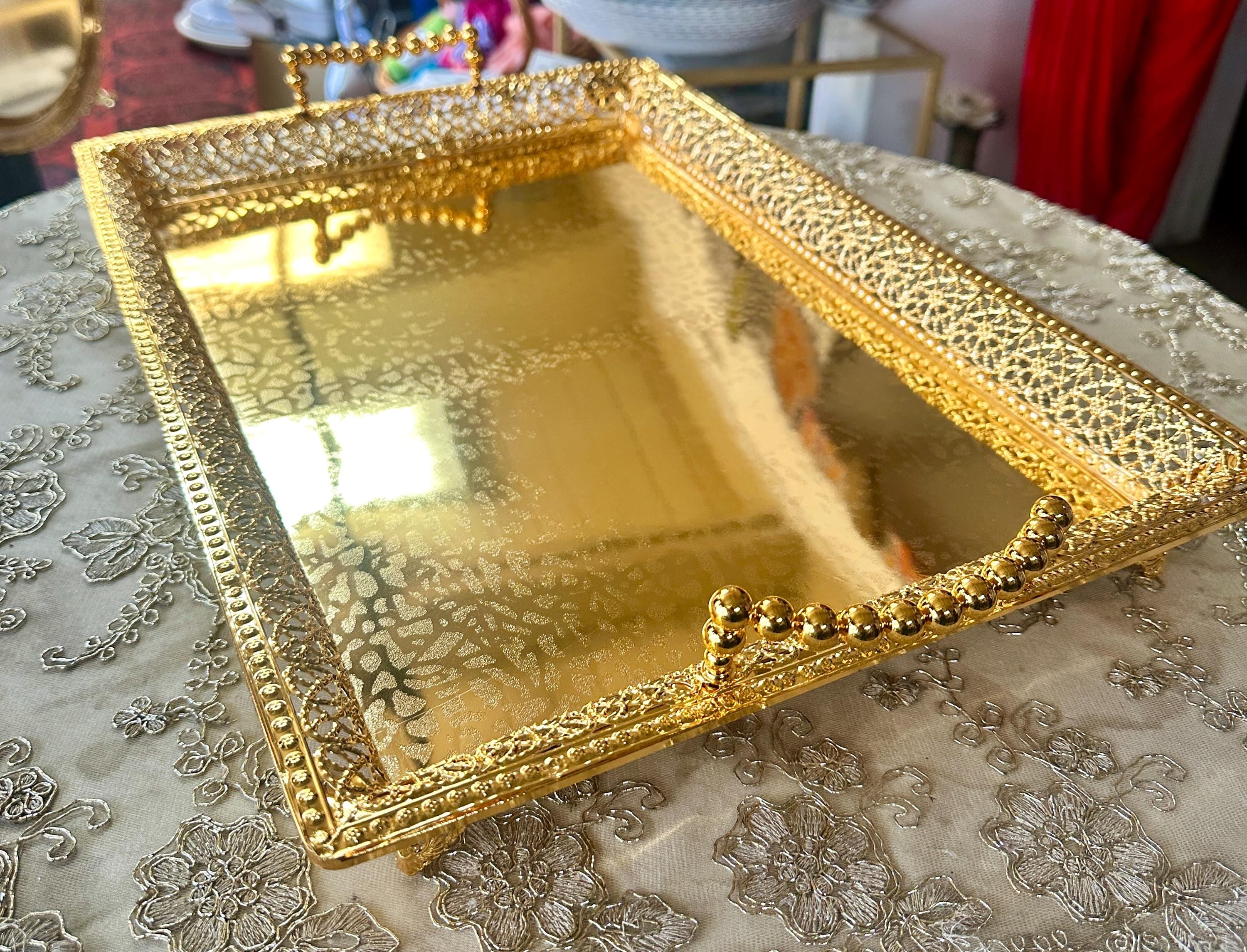 Ornate Gold Filigree Serving Tray With Beaded Handles & Feet - Small