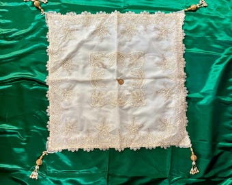 Elegant White & Gold Embroidered Square Cloth with Pearl Tassels – Afghan Wedding Sofrah / Decorative Table Cover