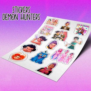 May include: A sheet of stickers featuring various cartoon characters and the text "STICKERS DEMON HUNTERS". The stickers showcase a variety of colorful designs, including portraits and group illustrations, with a purple and pink gradient background.