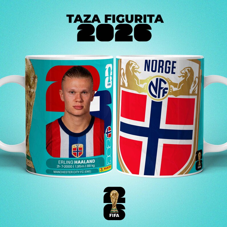 May include: A white ceramic mug with a design featuring Erling Haaland, the text "TAZA FIGURITA 2026", and the Norwegian flag. The mug also includes the FIFA logo and player details. A football-themed collectible.