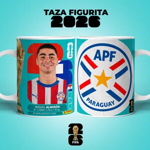 May include: A white ceramic mug featuring a soccer player, Miguel Almir&oacute;n, with the text "TAZA FIGURITA 2026". The mug has the APF Paraguay logo on the other side. The player's height is 175cm and weighs 70 kg.