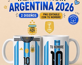 May include: Two white ceramic mugs featuring an Argentina soccer jersey design with light blue and white vertical stripes, the number 10, the AFA crest, and a FIFA World Champions 2022 badge. Text includes TAZAS CAMISETA ARGENTINA 2026 and TU NOMBRE.