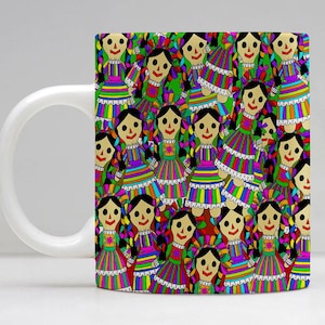 Regionala mexikanska dockmuggar för sublimering | Mallar för traditionella klänningar och Huichol Adelitas | PNG-designer | Direktnedladdning