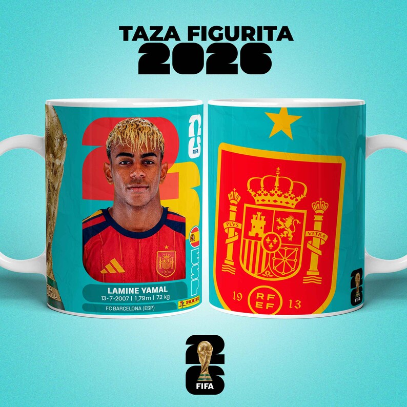 May include: A turquoise ceramic mug featuring a portrait of Lamine Yamal, a soccer player, and the Spanish national team emblem. The mug has the text "TAZA FIGURITA 2026" and "FIFA" printed on it. The mug is a collectible item.