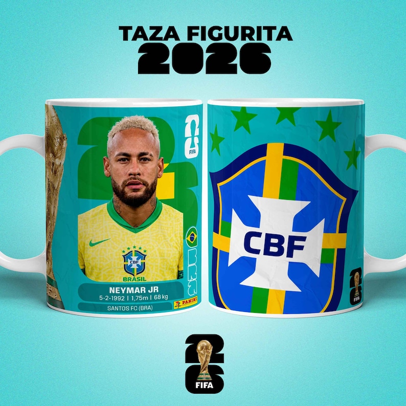 May include: A white ceramic mug featuring Neymar Jr. in a yellow and green Brazil jersey. The mug also displays the CBF logo, the FIFA logo, and the text "TAZA FIGURITA 2026". The mug has a blue background with green stars.