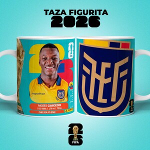 May include: A white ceramic mug featuring a soccer player in a yellow jersey with the text "MOIS&Eacute;S CAICEDO" and "2026". The mug also displays the Ecuadorian flag and the FIFA logo. The mug has a blue background.