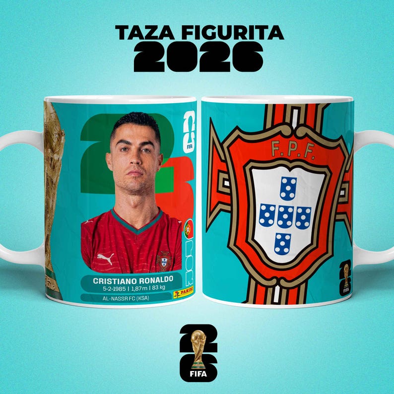 May include: A white ceramic mug with a teal background featuring a portrait of Cristiano Ronaldo and the text "TAZA FIGURITA 2026". The mug also displays the Portuguese Football Federation emblem.