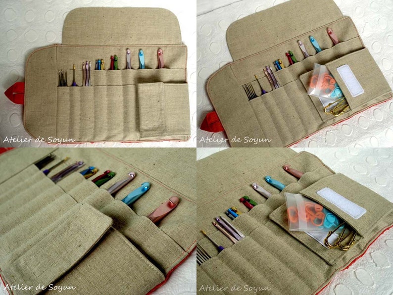 May include: Beige linen crochet hook organizer with red trim. The open case displays various crochet hooks in different colors, along with other tools. A small pocket holds accessories. The text "Atelier de Soyun" is visible.