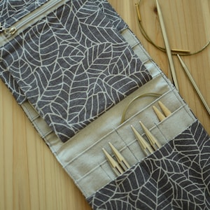Leaf Print Knitting Needle Case: Linen Interchangeable Needle Organizer