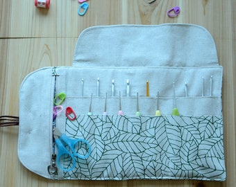 Crochet hook organizer w/zipper pocket for crochet notions green leaves print on linen Personalized Gift 4 Knitter GiftWrapped