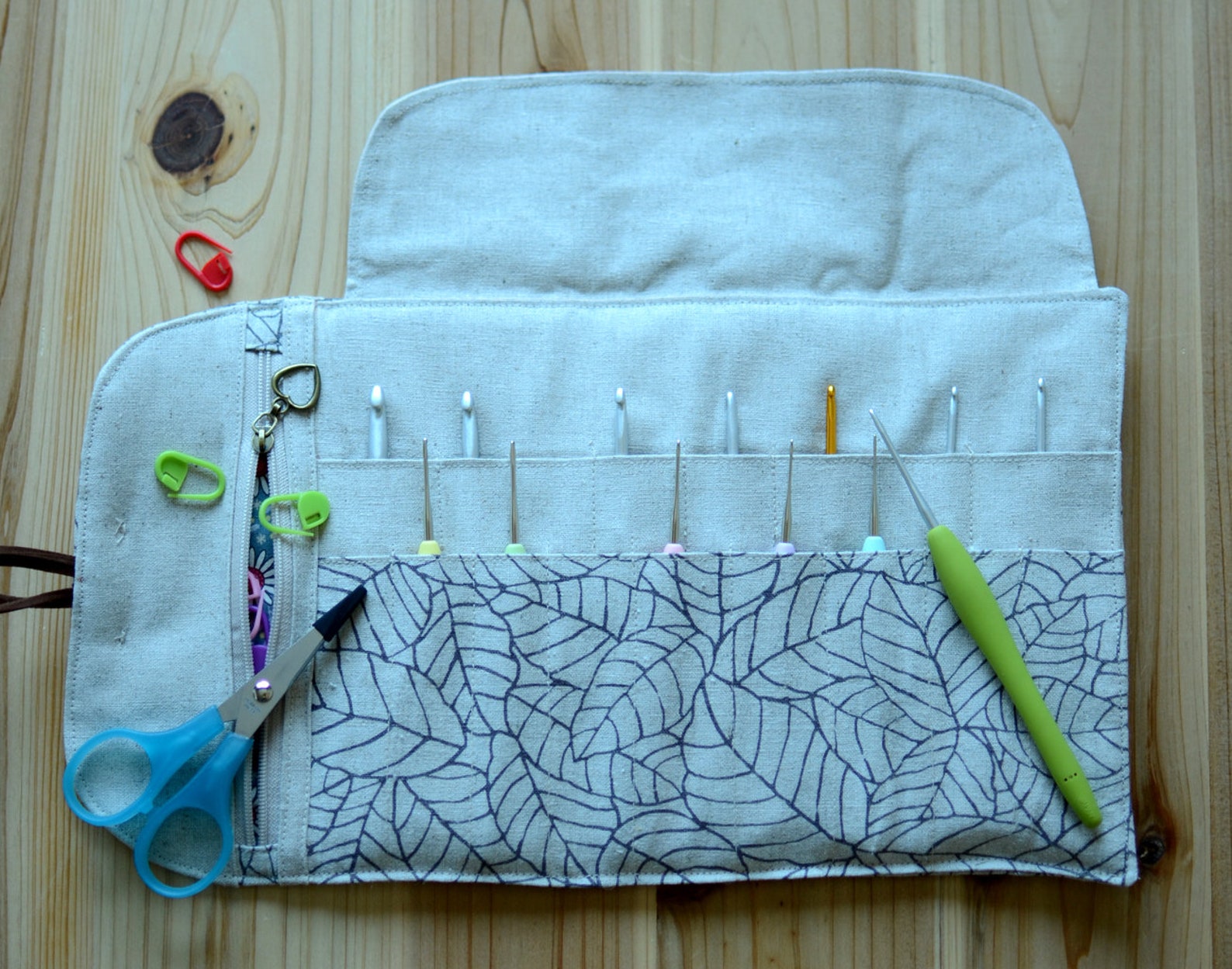 Crochet Hook Roll up Case in Natural Linen With a Zipper Etsy