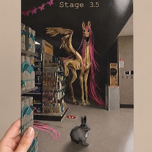 May include: A rectangular print featuring the text Stage 3.5, a tall, thin, golden winged creature with long pink hair standing in a store aisle, and a small gray rabbit in the foreground. Pink butterfly decorations hang from the ceiling.