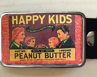 Peanut Butter Belt Buckle.   Womens Belt Buckle. Belt Buckles for man too.  Mens birthday gift.  Happy Kids.  Vintage ad buckle. Vintage art
