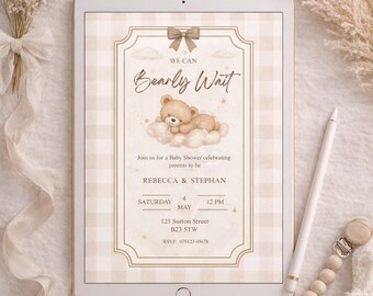 Plantilla de invitación para baby shower con osito de peluche / Invitación estilo boho neutro en acuarela (descarga instantánea)