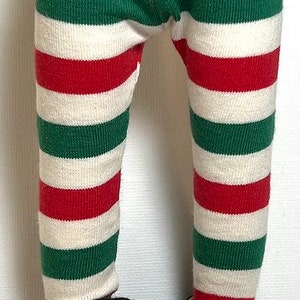 May include: Red, white, and green striped leggings with black patent leather shoes.