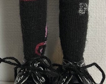 Black With Pink, Red And Silver Hearts...Tall Socks For Blythe Dolls...