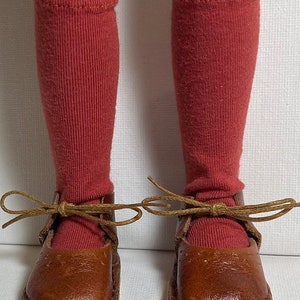 May include: A pair of brown leather shoes with laces tied in a bow. The shoes are worn with red knee-high socks.