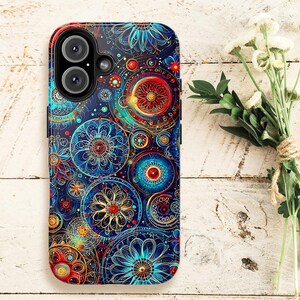 Funda para teléfono con diseño floral bohemio: espirales abstractas en azul celeste, resistente y inalámbrica.