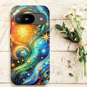Night Sky Phone Case Faux Stained Glass, Vibrant Galaxy, Celestial Space Lover Gift, Starry Tough Case, Moon Stars Wireless Cover, Galaxy