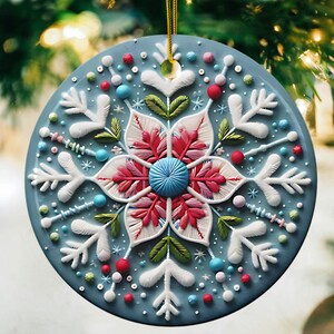 セラミッククロスステッチスノーフレーククリスマスオーナメント - クールなブルーとピンク、花柄、両面、軽量オーナメントセット、ギフト
