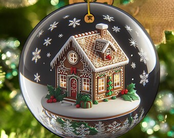 Könnte beinhalten: Ein gläserner Weihnachtsbaumschmuck mit einem Lebkuchenhaus mit weißem Zuckerguss, roten Bonbonakzenten und einem beleuchteten Fenster. Der Schmuck ist mit Schneeflocken verziert und von einer verschneiten Szene umgeben.