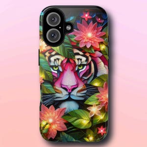 Pink Tiger Aesthetic Phone Case, unique colorful phone case with pink tones for tiger lover, art nouveau case for iPhone Galaxy, floral