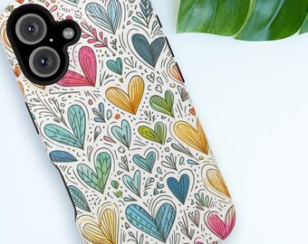 Funda para iPhone con corazones bohemios: dibujo hippie pastel, compatible con Magsafe