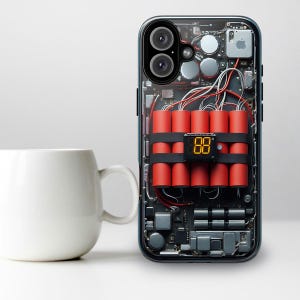 Könnte beinhalten: Schwarze Smartphone-Hülle mit einem einzigartigen Design, das ein rotes Dynamitbündel mit einer Digitalanzeige mit der Zahl 88 zeigt. Die Hülle hat eine transparente Rückseite, die interne Komponenten zeigt. Im Hintergrund befindet sich eine weiße Tasse.