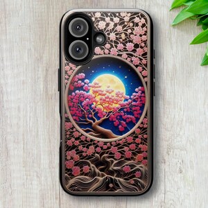 Custodia per telefono con albero di ciliegio in fiore 3D e luna piena, design del telefono ispirato all'arte giapponese con fiori rosa e aspetto 3D tagliato al laser, iPhone 16 unico