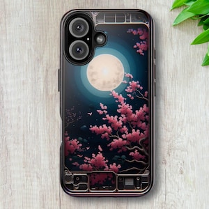 Arte floreale 3D all'interno della custodia del telefono con bagliore lunare, design del telefono ispirato all'arte giapponese con fiori rosa e aspetto 3D tagliato al laser, iPhone 16 unico