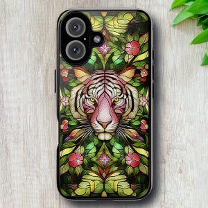 Vibrant Animal Phone Case with pink tiger in colorful jungle aesthetic, unique pink lover tiger print for iPhone Galaxy, abstract artistic