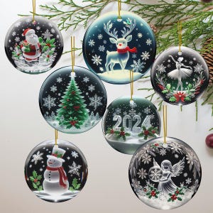 May include: Set of eight round Christmas ornaments with various winter-themed designs. The ornaments feature a snowman, a Christmas tree, a reindeer, a ballerina, Santa Claus, an angel, snowflakes, and the year 2024.