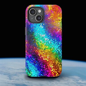May include: A smartphone case with a vibrant, multicolored design. The case features a mosaic pattern of small, reflective circles in shades of red, orange, yellow, green, blue, and purple. The case has a camera cutout with three lenses.