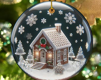 Könnte beinhalten: Ein runder gläserner Weihnachtsbaumschmuck mit einem Lebkuchenhaus im Inneren. Das Haus ist mit weißem Zuckerguss und roten Bonbons verziert. Im Hintergrund befinden sich Schneeflocken und Sterne.